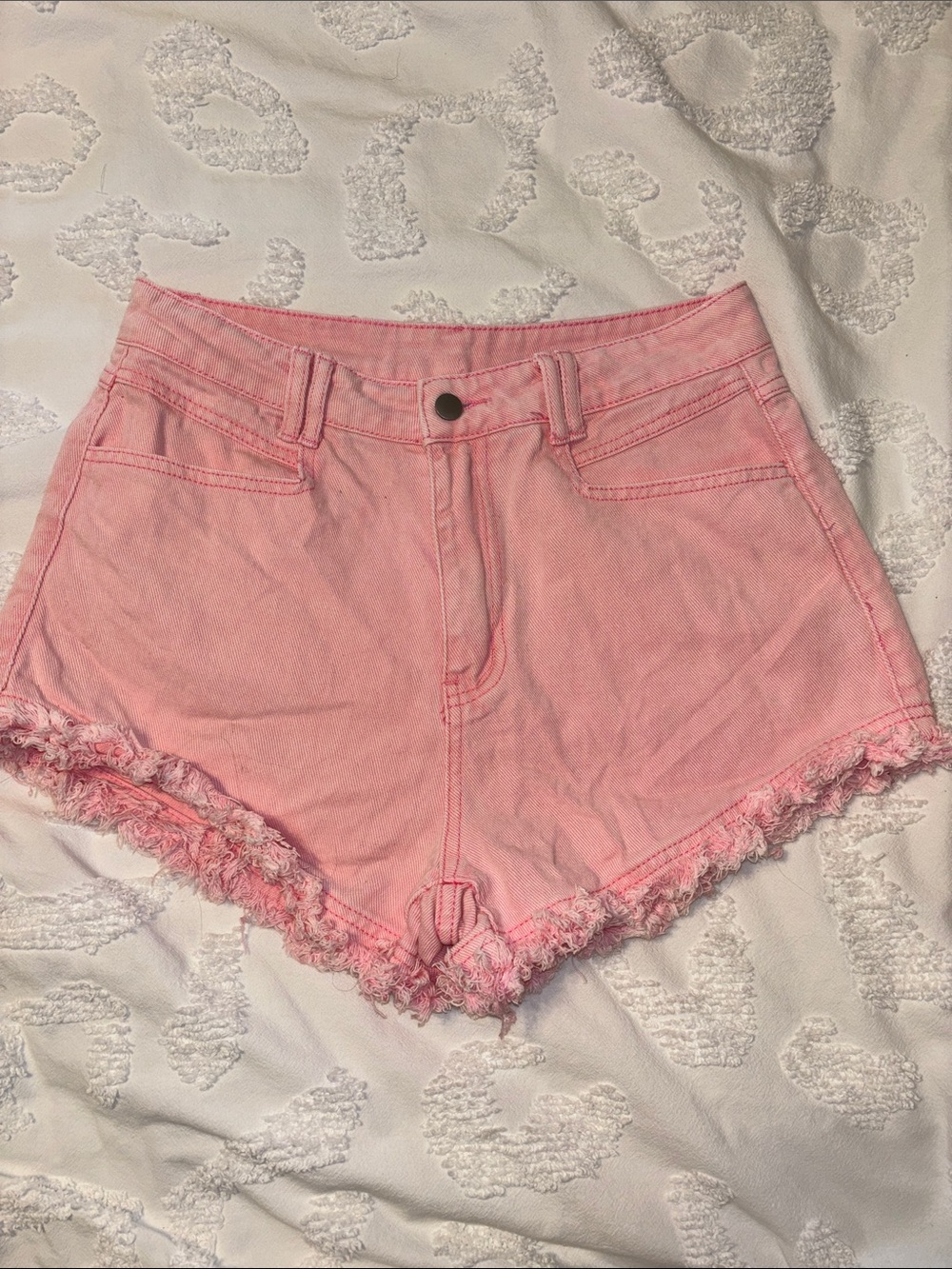 SHEIN Pink High-Rise Frayed Hem Denim Shorts